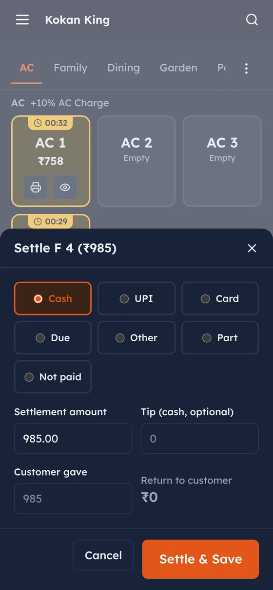 Settle and Save popup with payment types