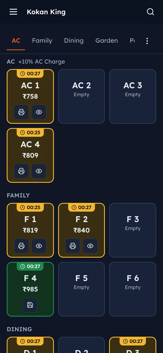 DineDost captain app on an Android phone showing tables