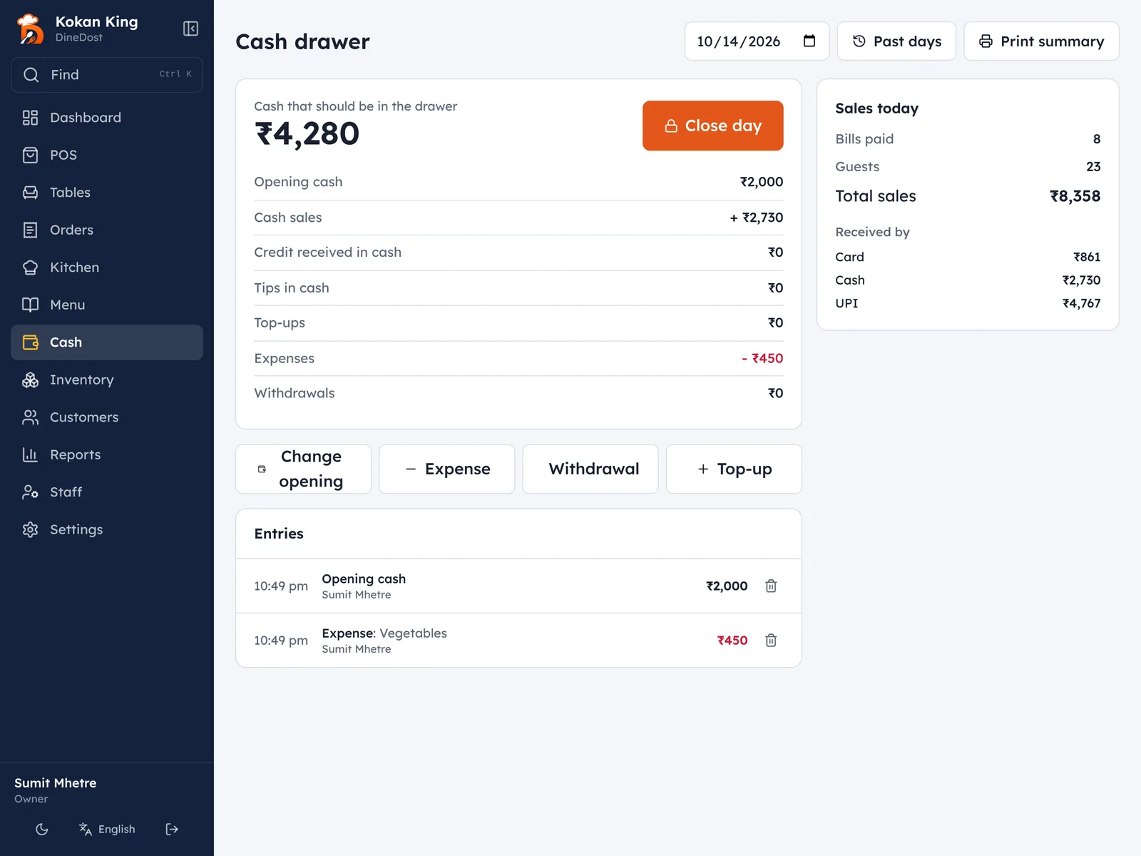 Cash drawer and day close