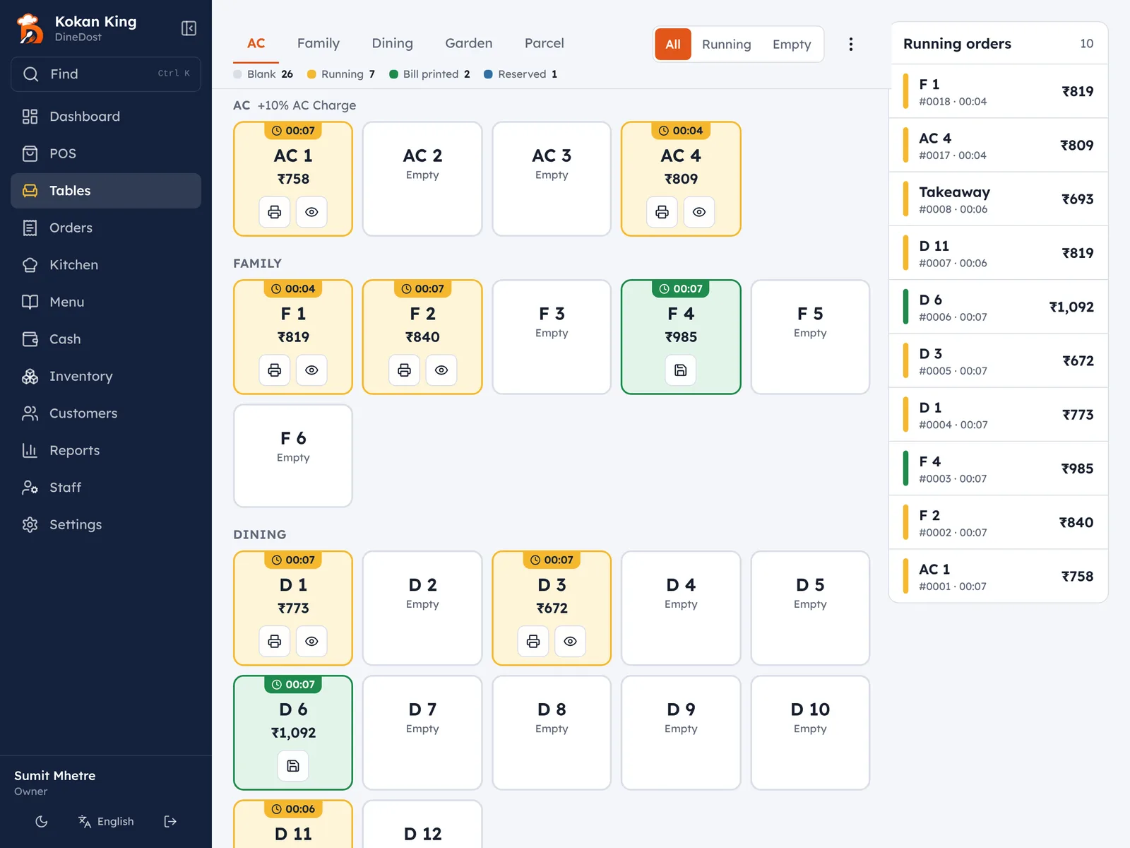 DineDost table view on a computer, tables grouped by floor with running timers